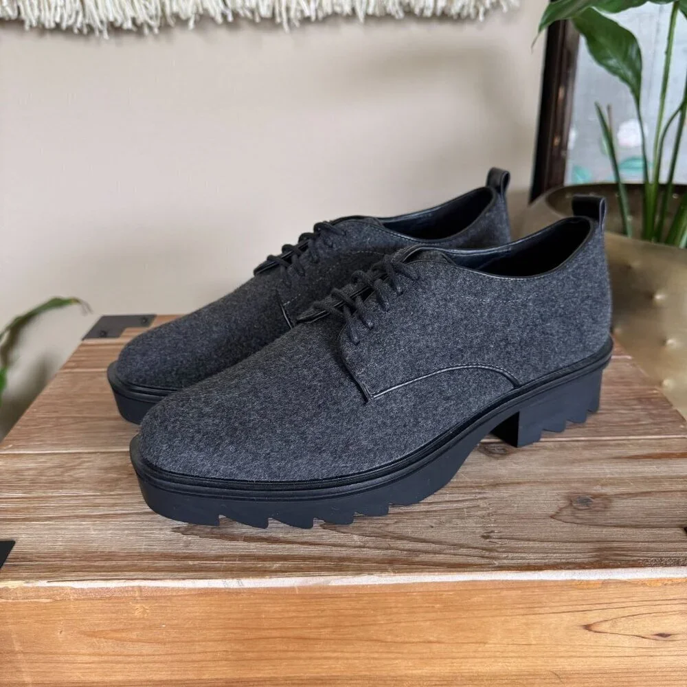 Zara Gray Felted Flannel‎ Blucher Platform Track Sole 90s Academia Oxford Shoes